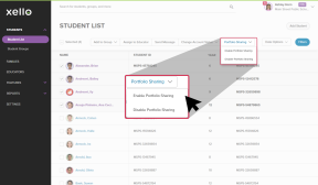 Shareable Portfolio toggle on a student list in Xello educator account